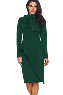 Clearance Dear-Lover Royal Blue Asymmetric Peplum Style Pussy Bow Dress Green