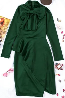 Clearance Dear-Lover Royal Blue Asymmetric Peplum Style Pussy Bow Dress Green