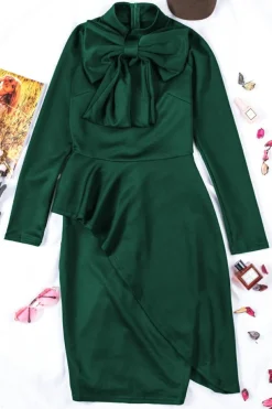 Clearance Dear-Lover Royal Blue Asymmetric Peplum Style Pussy Bow Dress Green