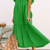 Discount Dear-Lover Ruffled Flutter Sleeve Square Neck Textured Tiered Maxi Dress Green