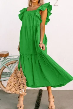 Discount Dear-Lover Ruffled Flutter Sleeve Square Neck Textured Tiered Maxi Dress Green