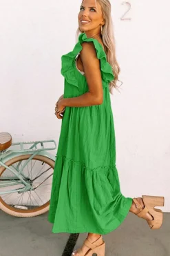 Discount Dear-Lover Ruffled Flutter Sleeve Square Neck Textured Tiered Maxi Dress Green