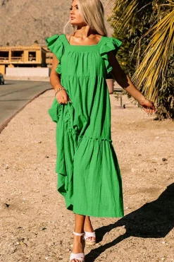 Discount Dear-Lover Ruffled Flutter Sleeve Square Neck Textured Tiered Maxi Dress Green