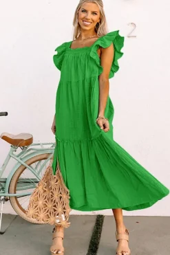 Discount Dear-Lover Ruffled Flutter Sleeve Square Neck Textured Tiered Maxi Dress Green