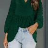 Sale Dear-Lover Ruffled Split Neck Lace Hollow Out Puff Sleeve Polka Dot Blouse Green