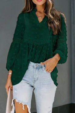 Sale Dear-Lover Ruffled Split Neck Lace Hollow Out Puff Sleeve Polka Dot Blouse Green