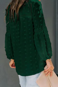 Sale Dear-Lover Ruffled Split Neck Lace Hollow Out Puff Sleeve Polka Dot Blouse Green