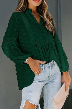Sale Dear-Lover Ruffled Split Neck Lace Hollow Out Puff Sleeve Polka Dot Blouse Green