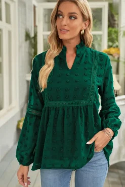 Sale Dear-Lover Ruffled Split Neck Lace Hollow Out Puff Sleeve Polka Dot Blouse Green