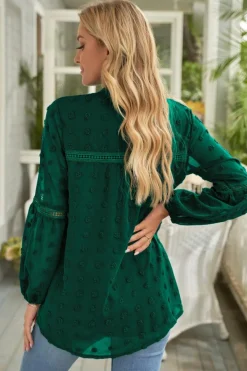 Sale Dear-Lover Ruffled Split Neck Lace Hollow Out Puff Sleeve Polka Dot Blouse Green