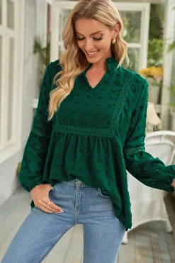 Sale Dear-Lover Ruffled Split Neck Lace Hollow Out Puff Sleeve Polka Dot Blouse Green