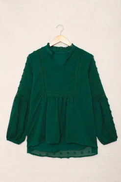 Sale Dear-Lover Ruffled Split Neck Lace Hollow Out Puff Sleeve Polka Dot Blouse Green