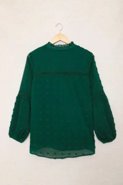 Sale Dear-Lover Ruffled Split Neck Lace Hollow Out Puff Sleeve Polka Dot Blouse Green