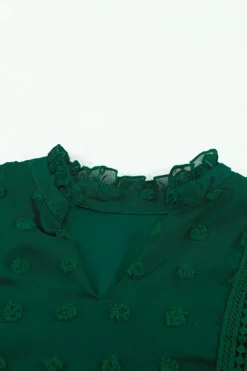 Sale Dear-Lover Ruffled Split Neck Lace Hollow Out Puff Sleeve Polka Dot Blouse Green