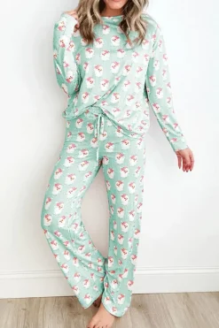 New Dear-Lover Santa Claus Striped Print Loose Fit Two Piece Lounge Set Green