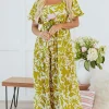 Sale Dear-Lover Scalloped Trim Square Neck High Waist Floral Maxi Dress Green