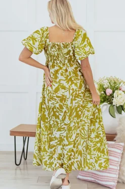 Sale Dear-Lover Scalloped Trim Square Neck High Waist Floral Maxi Dress Green