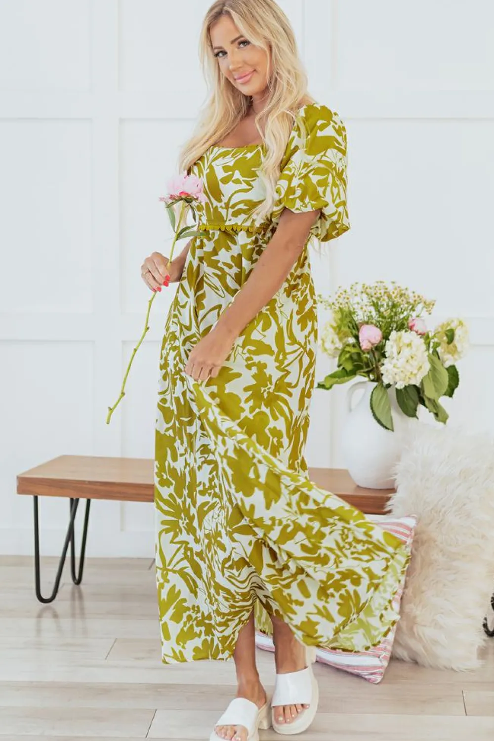 Sale Dear-Lover Scalloped Trim Square Neck High Waist Floral Maxi Dress Green