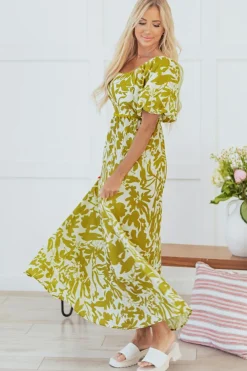 Sale Dear-Lover Scalloped Trim Square Neck High Waist Floral Maxi Dress Green