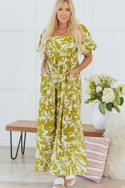 Sale Dear-Lover Scalloped Trim Square Neck High Waist Floral Maxi Dress Green