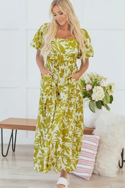 Sale Dear-Lover Scalloped Trim Square Neck High Waist Floral Maxi Dress Green
