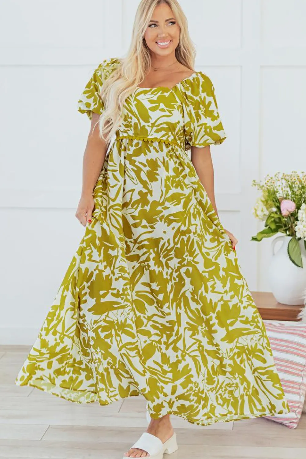 Sale Dear-Lover Scalloped Trim Square Neck High Waist Floral Maxi Dress Green