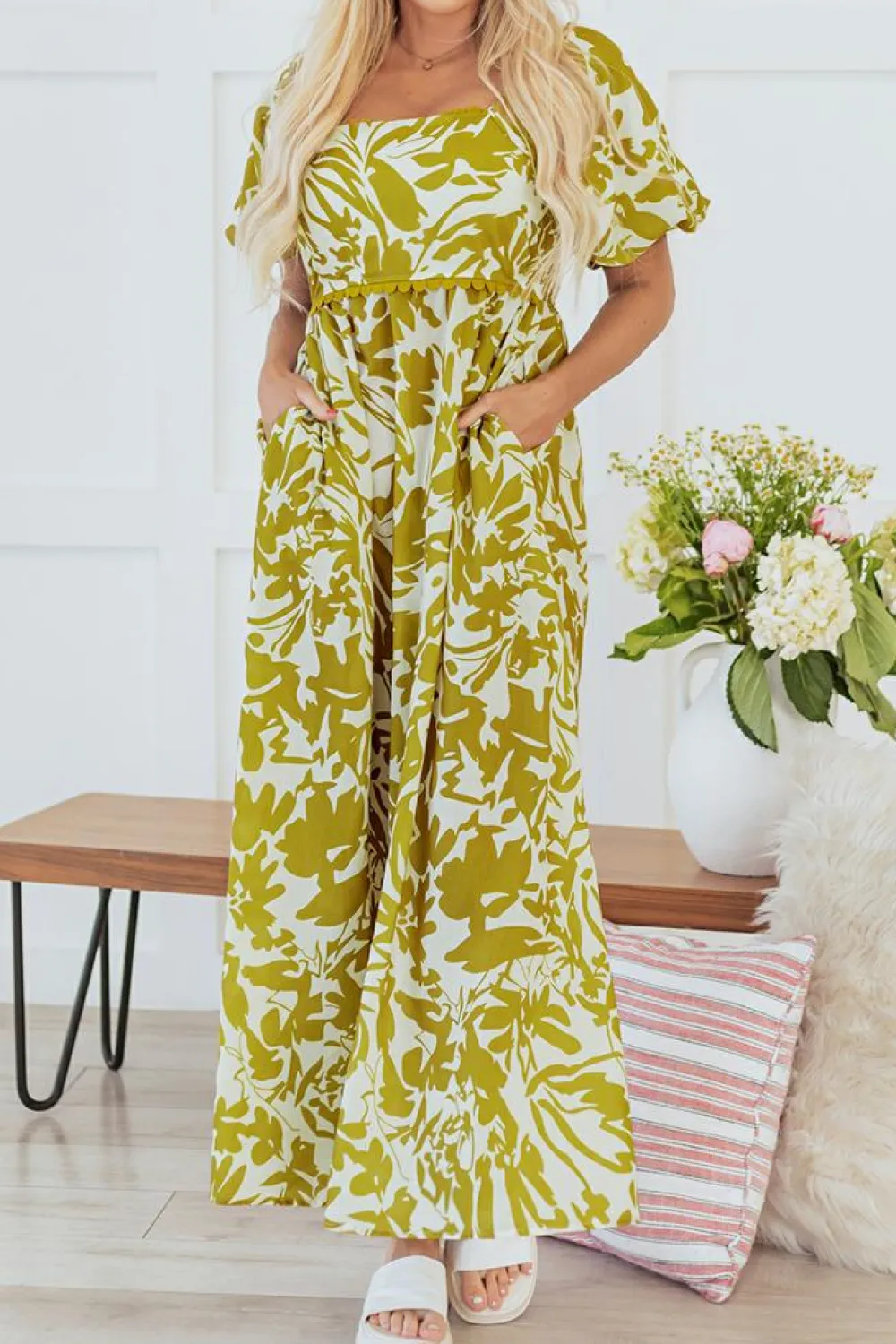 Sale Dear-Lover Scalloped Trim Square Neck High Waist Floral Maxi Dress Green