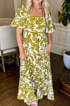 Sale Dear-Lover Scalloped Trim Square Neck High Waist Floral Maxi Dress Green