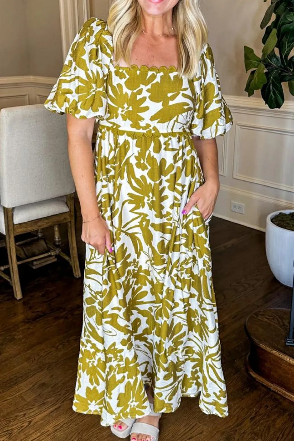 Sale Dear-Lover Scalloped Trim Square Neck High Waist Floral Maxi Dress Green