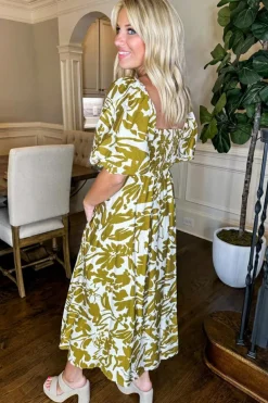 Sale Dear-Lover Scalloped Trim Square Neck High Waist Floral Maxi Dress Green
