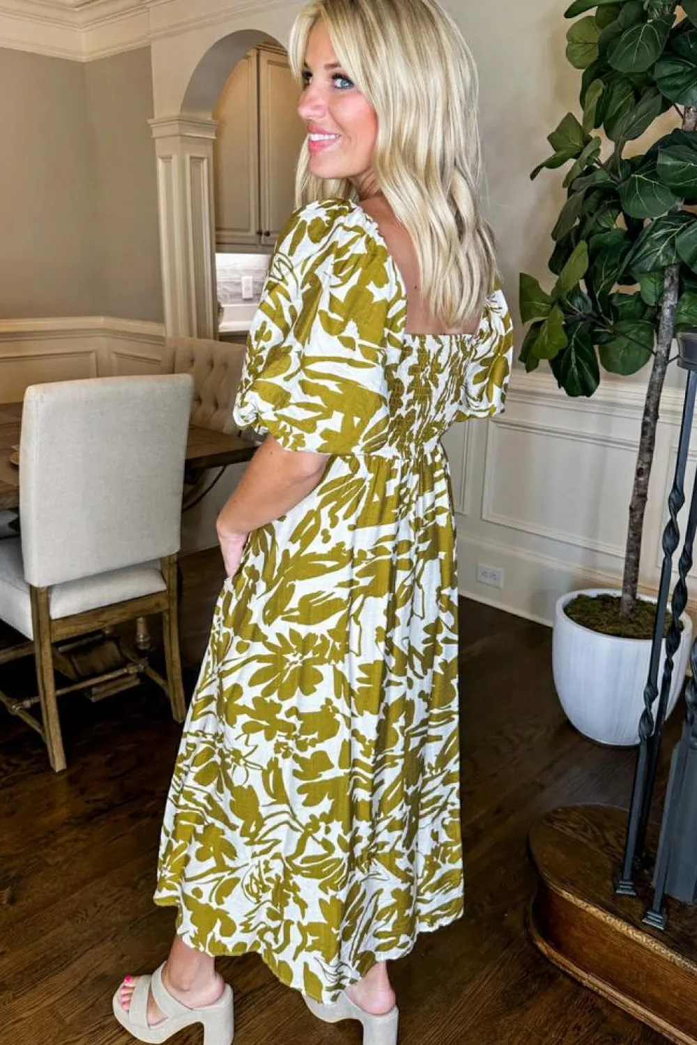 Sale Dear-Lover Scalloped Trim Square Neck High Waist Floral Maxi Dress Green