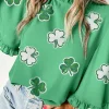 Fashion Dear-Lover Sequin Clover Graphic Ruffled Trim Bell Sleeve St Patrick Blouse Green