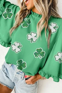 Fashion Dear-Lover Sequin Clover Graphic Ruffled Trim Bell Sleeve St Patrick Blouse Green