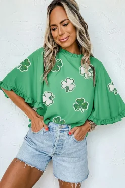 Fashion Dear-Lover Sequin Clover Graphic Ruffled Trim Bell Sleeve St Patrick Blouse Green