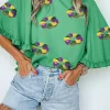 Clearance Dear-Lover Sequin Doughnut Graphic Ruffled Trim Bell Sleeve Mardi Gras Blouse Green