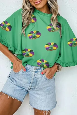 Clearance Dear-Lover Sequin Doughnut Graphic Ruffled Trim Bell Sleeve Mardi Gras Blouse Green