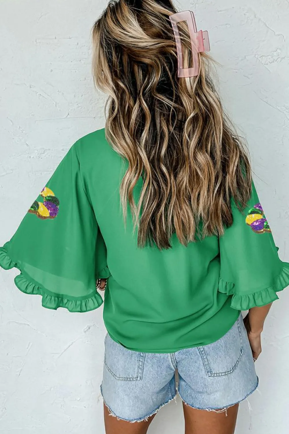 Clearance Dear-Lover Sequin Doughnut Graphic Ruffled Trim Bell Sleeve Mardi Gras Blouse Green