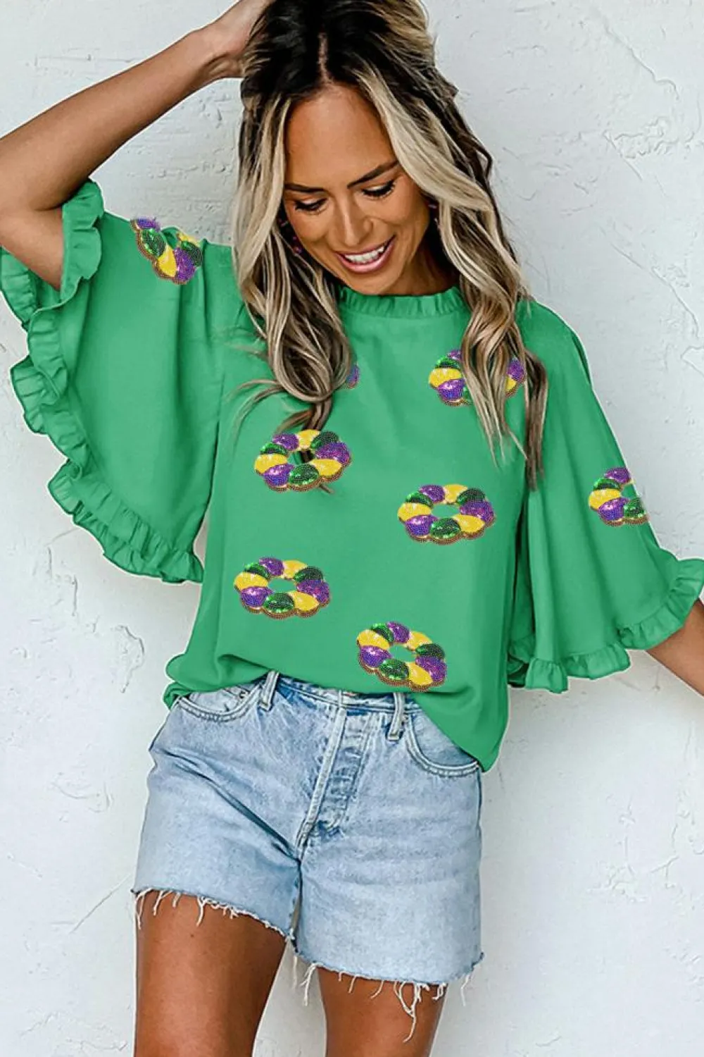 Clearance Dear-Lover Sequin Doughnut Graphic Ruffled Trim Bell Sleeve Mardi Gras Blouse Green