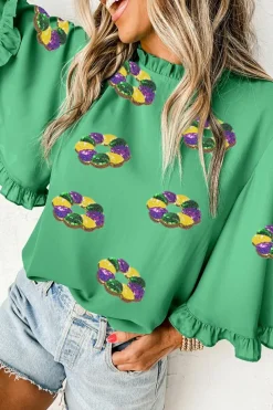 Clearance Dear-Lover Sequin Doughnut Graphic Ruffled Trim Bell Sleeve Mardi Gras Blouse Green