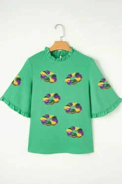 Clearance Dear-Lover Sequin Doughnut Graphic Ruffled Trim Bell Sleeve Mardi Gras Blouse Green