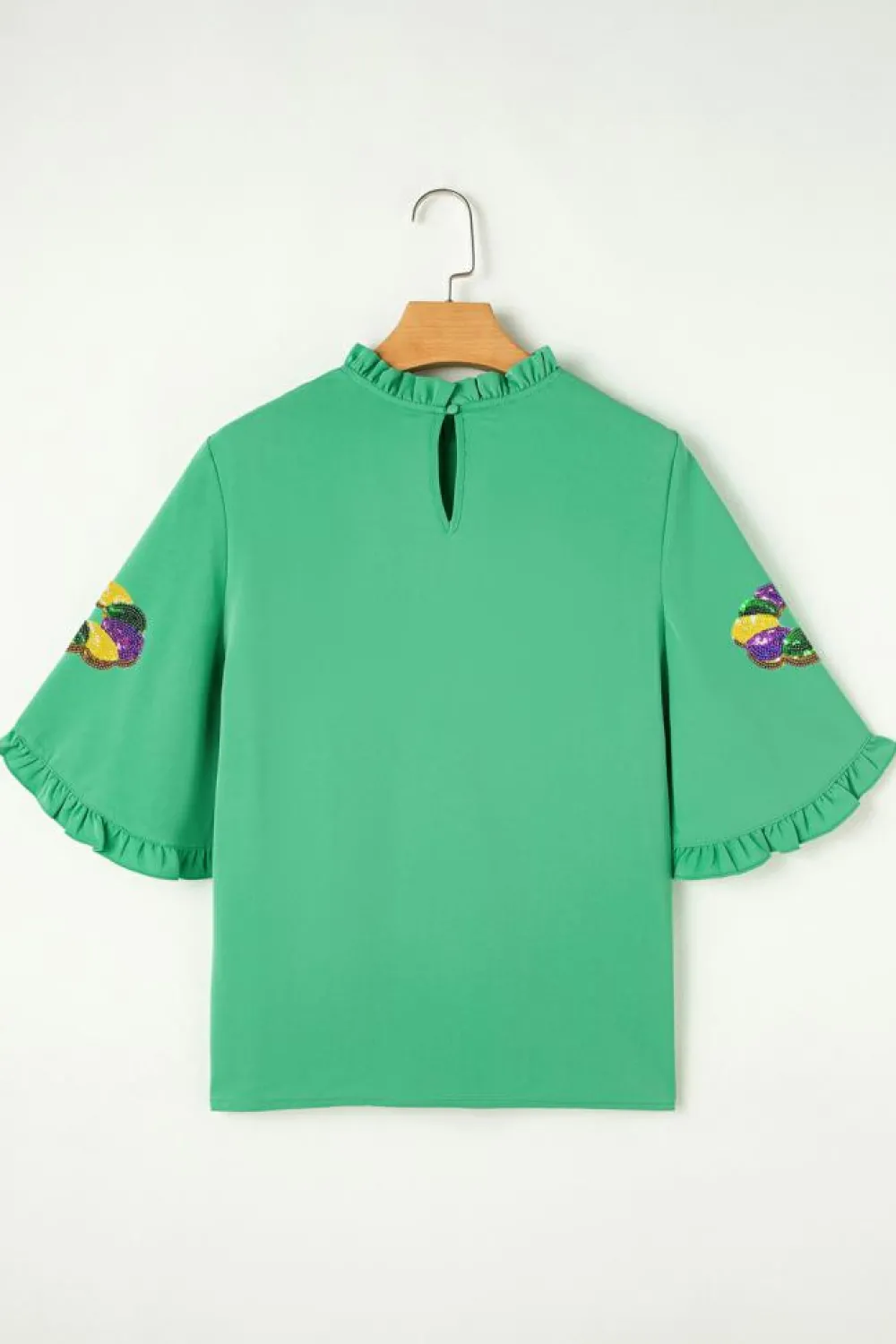 Clearance Dear-Lover Sequin Doughnut Graphic Ruffled Trim Bell Sleeve Mardi Gras Blouse Green