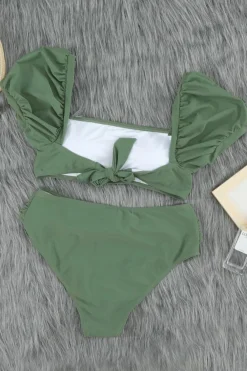 Sale Dear-Lover Sexy Bubble Sleeves High waisted swimsuits Green