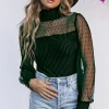 New Dear-Lover Sheer Dotty Long Sleeve Ribbed Velvet Bodysuit Green