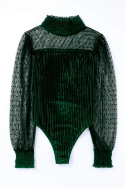 New Dear-Lover Sheer Dotty Long Sleeve Ribbed Velvet Bodysuit Green