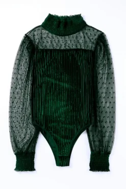 New Dear-Lover Sheer Dotty Long Sleeve Ribbed Velvet Bodysuit Green