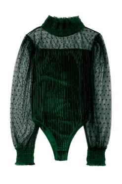 New Dear-Lover Sheer Dotty Long Sleeve Ribbed Velvet Bodysuit Green