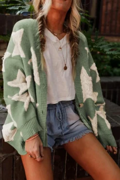 Discount Dear-Lover Sherpa Star Pattern Textured Sweater Cardigan with Pockets Green