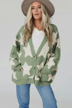 Discount Dear-Lover Sherpa Star Pattern Textured Sweater Cardigan with Pockets Green