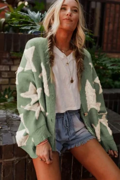 Discount Dear-Lover Sherpa Star Pattern Textured Sweater Cardigan with Pockets Green