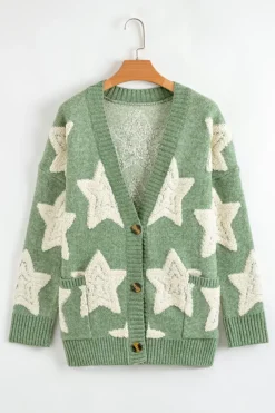Discount Dear-Lover Sherpa Star Pattern Textured Sweater Cardigan with Pockets Green